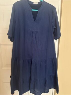 Blue Tiered Midi Dress - Casual V-Neck